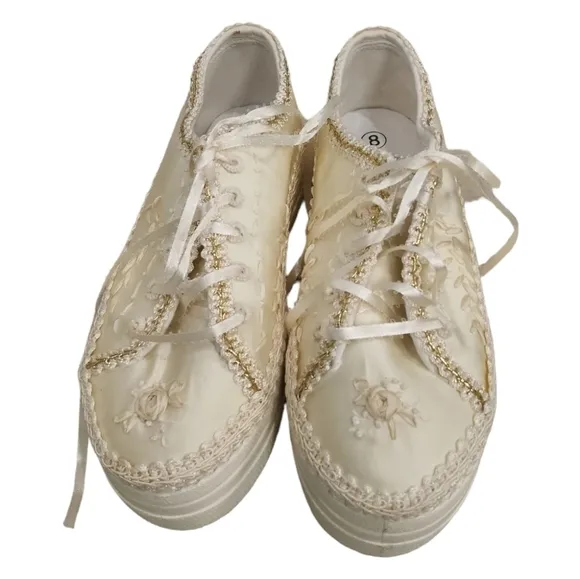 Wedding Platform Sneakers Flats In Lace Bridal Shoes - Size 8