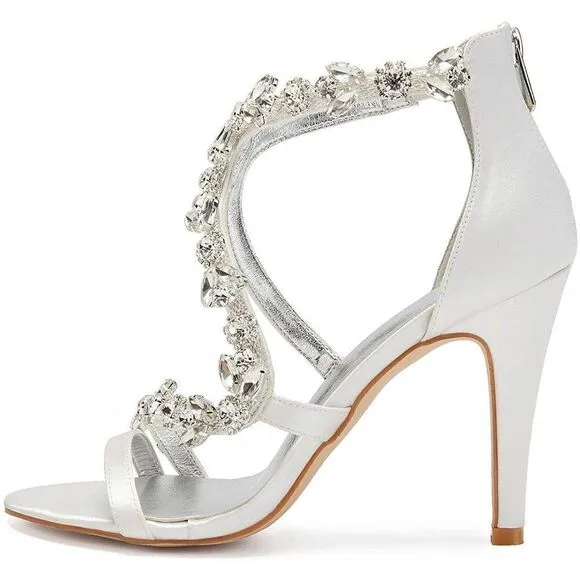 Wedding Women High Heels Satin Crystals Wedding Bridal Sandals Open Toe Bridal