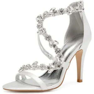 Wedding Women High Heels Satin Crystals Wedding Bridal Sandals Open Toe Bridal