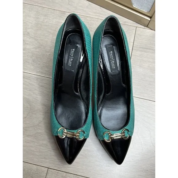 White House Black Market Heels Shoes Pumps Black Green Stiletto 8 M Leather