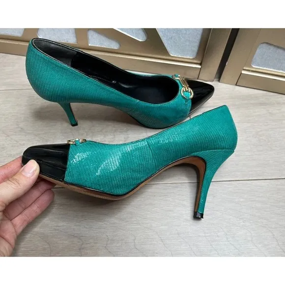 White House Black Market Heels Shoes Pumps Black Green Stiletto 8 M Leather
