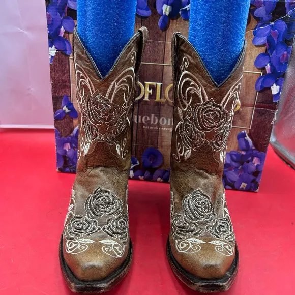 Wildflowers bluebonnet girls 1 inlay embroidered cowgirl boots
