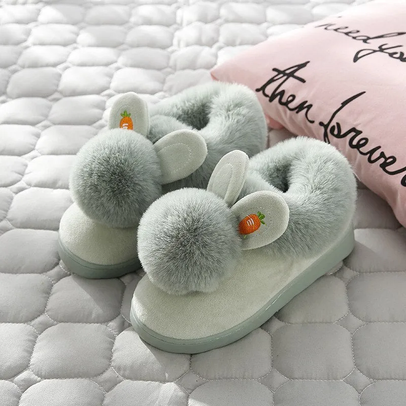 Winter Cotton Slippers Indoor Thick Bottom  Autumn Winter Warm Shoes Cute Lovely Rabbit Ear Plus Plush Slippers Shoes Women