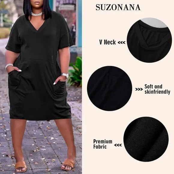 Women Casual T-Shirt Dress V Neck Short Sleeve with Front Two Pockets Solid Colo