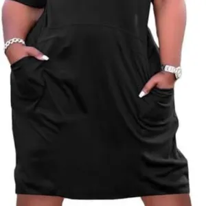 Women Casual T-Shirt Dress V Neck Short Sleeve with Front Two Pockets Solid Colo