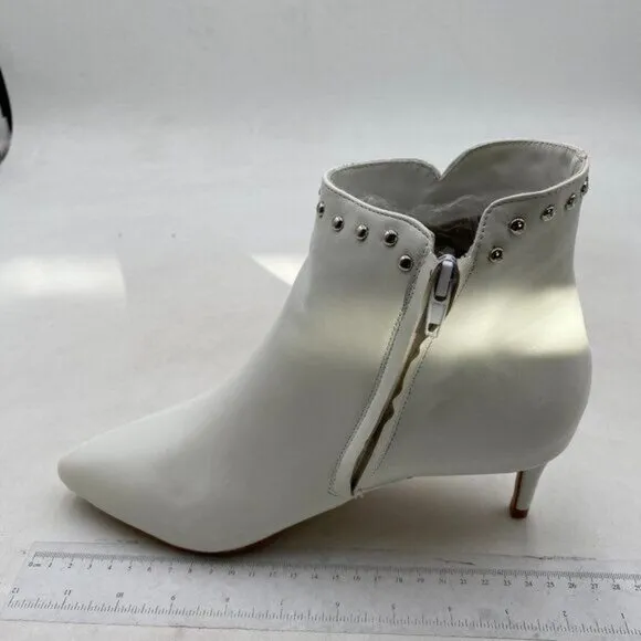 Women Chic Low Kitten Heel Ankle Boots Pointed Closed Toe Side Zipper Prom White