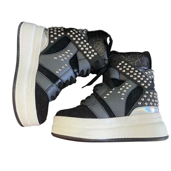 Women's Anthony Wang  Black Studded High Top Wedge Sneakers Size 7