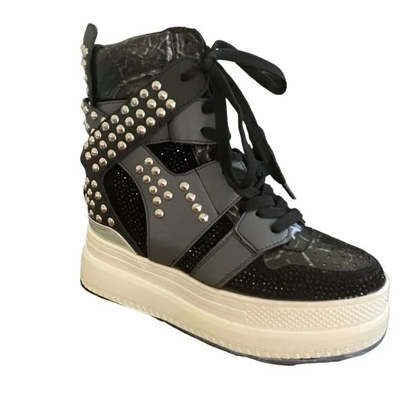 Women's Anthony Wang  Black Studded High Top Wedge Sneakers Size 7
