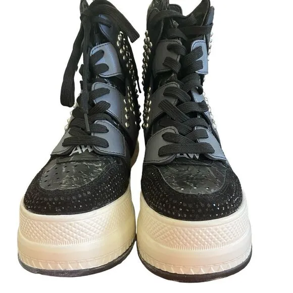 Women's Anthony Wang  Black Studded High Top Wedge Sneakers Size 7