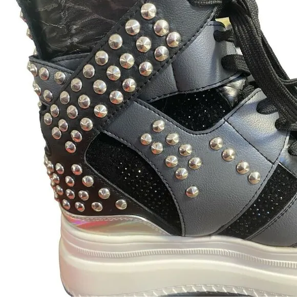 Women's Anthony Wang  Black Studded High Top Wedge Sneakers Size 7