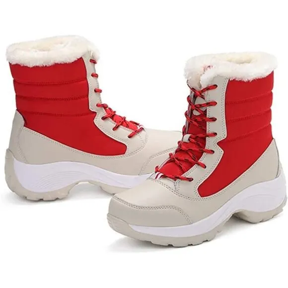 Women's Fur Lining Winter Boots Outdoor Waterproof Snow Boots, Red