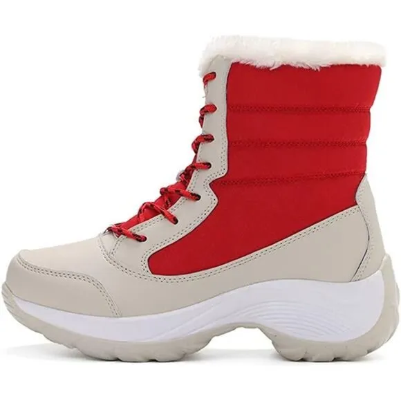 Women's Fur Lining Winter Boots Outdoor Waterproof Snow Boots, Red