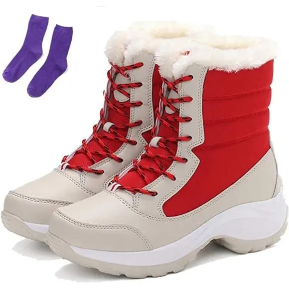 Women's Fur Lining Winter Boots Outdoor Waterproof Snow Boots, Red