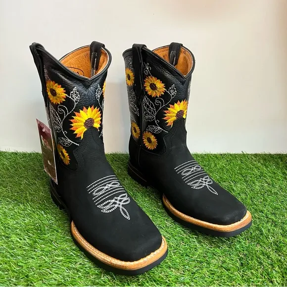 WOMEN'S WESTERN RODEO COWGIRL LEATHER BOOTS SUNFLOWER BLACK BOTA Vaquera Girasol
