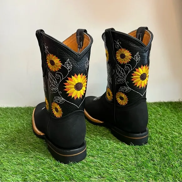 WOMEN'S WESTERN RODEO COWGIRL LEATHER BOOTS SUNFLOWER BLACK BOTA Vaquera Girasol