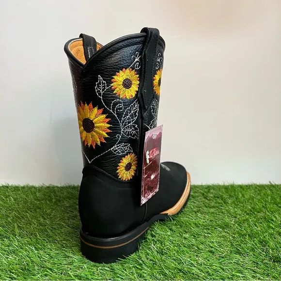 WOMEN'S WESTERN RODEO COWGIRL LEATHER BOOTS SUNFLOWER BLACK BOTA Vaquera Girasol