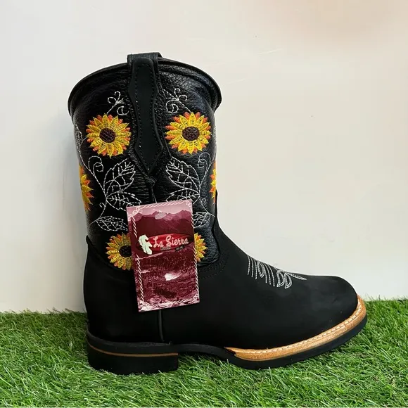 WOMEN'S WESTERN RODEO COWGIRL LEATHER BOOTS SUNFLOWER BLACK BOTA Vaquera Girasol