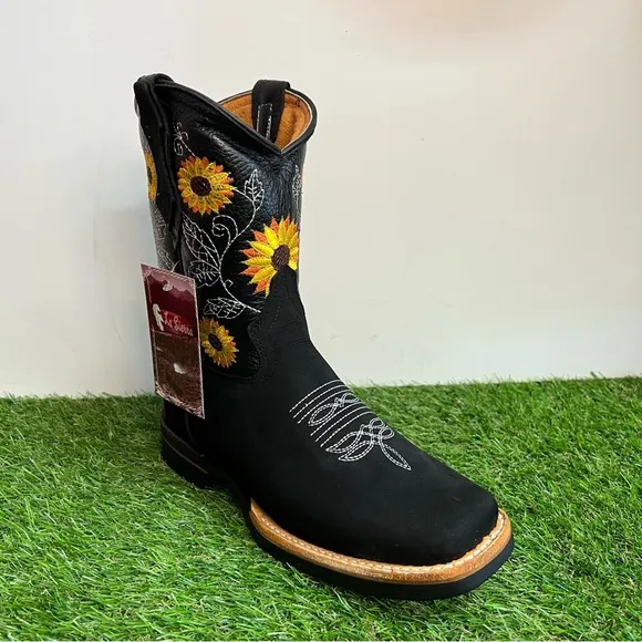 WOMEN'S WESTERN RODEO COWGIRL LEATHER BOOTS SUNFLOWER BLACK BOTA Vaquera Girasol
