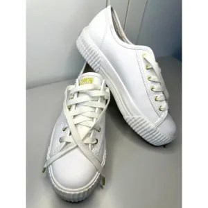 Women's White Leather Keds Platform Sneakers with Gold Detailing - Size 7
