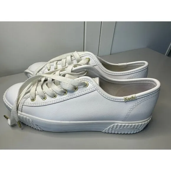 Women's White Leather Keds Platform Sneakers with Gold Detailing - Size 7