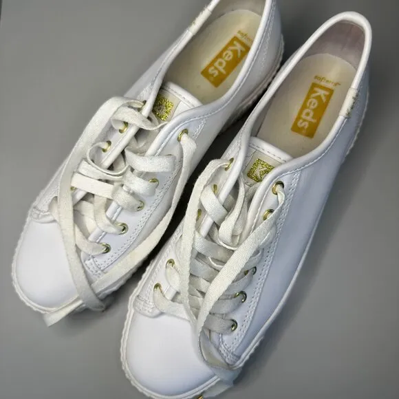 Women's White Leather Keds Platform Sneakers with Gold Detailing - Size 7