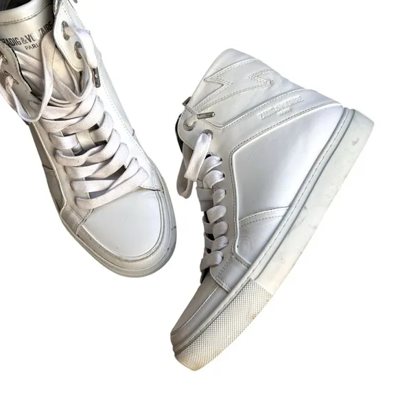 Zadig &amp; Voltaire High Flash Leather High-Top Sneakers Size EUC 37 US 7.5 White