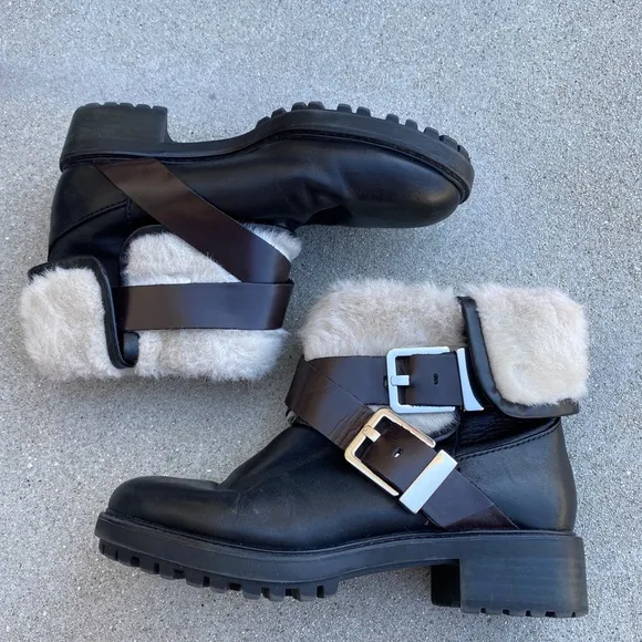 ZARA black ANKLE boots harness booties short biker moto shoes faux fur pull on 6