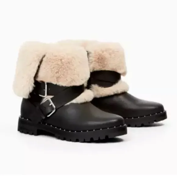 ZARA black ANKLE boots harness booties short biker moto shoes faux fur pull on 6