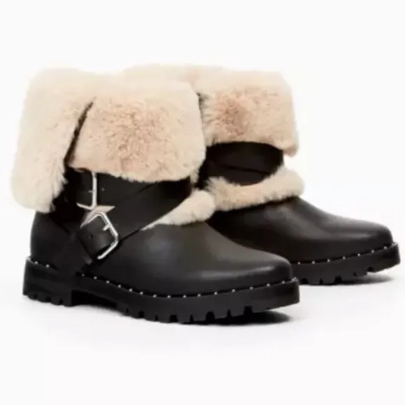 ZARA black ANKLE boots harness booties short biker moto shoes faux fur pull on 6