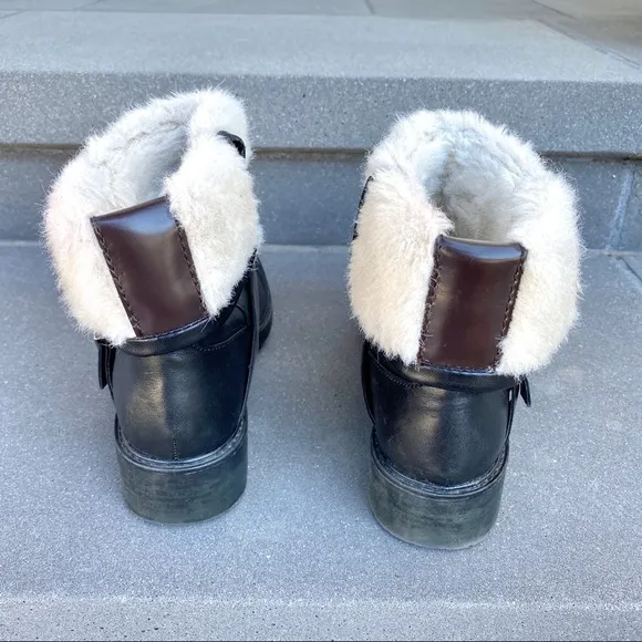 ZARA black ANKLE boots harness booties short biker moto shoes faux fur pull on 6