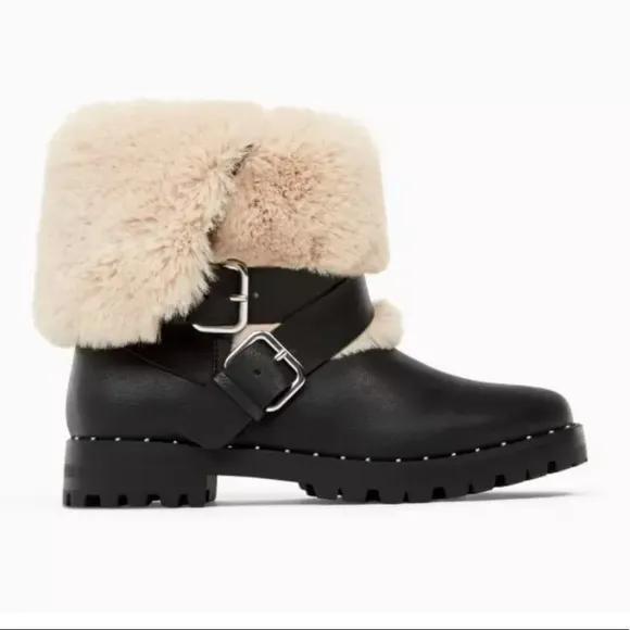 ZARA black ANKLE boots harness booties short biker moto shoes faux fur pull on 6