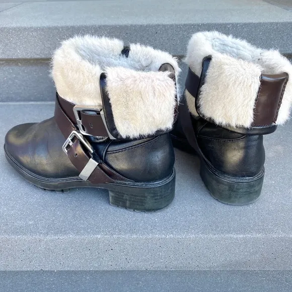 ZARA black ANKLE boots harness booties short biker moto shoes faux fur pull on 6