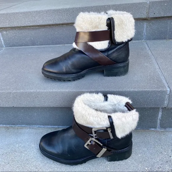 ZARA black ANKLE boots harness booties short biker moto shoes faux fur pull on 6