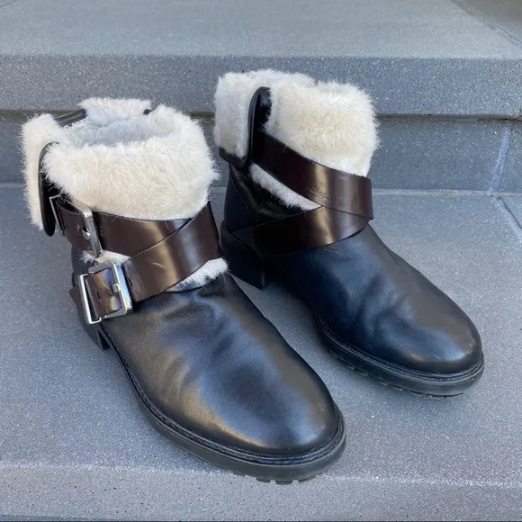 ZARA black ANKLE boots harness booties short biker moto shoes faux fur pull on 6