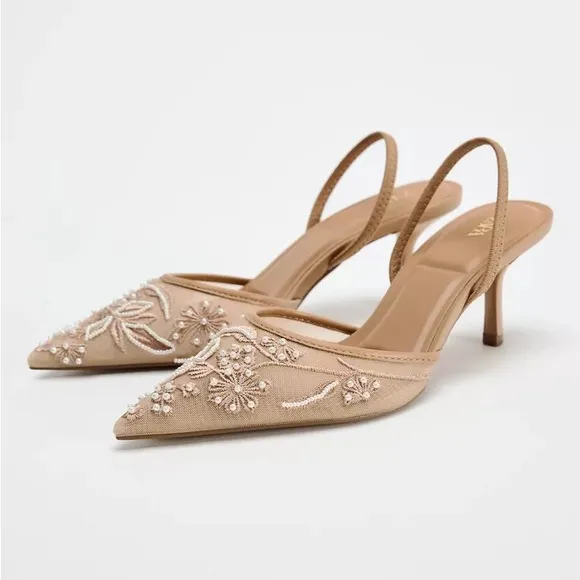 Zara Embroidered Mesh Slingback Heels