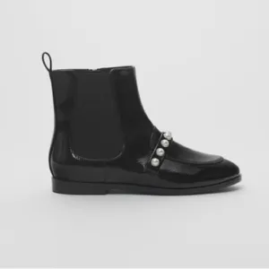 Zara kids black patent finish ankle boots with pearl details NWT