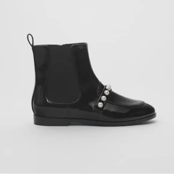 Zara kids black patent finish ankle boots with pearl details NWT