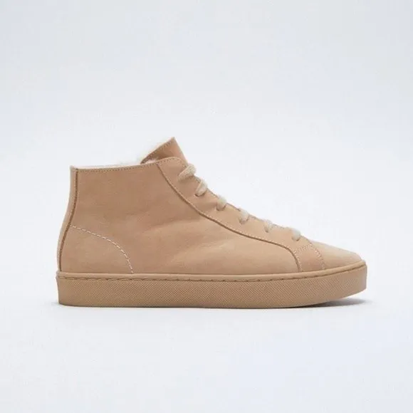 Zara | Leather High Top Sneakers in Beige