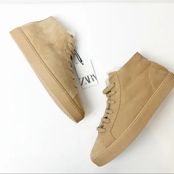 Zara | Leather High Top Sneakers in Beige
