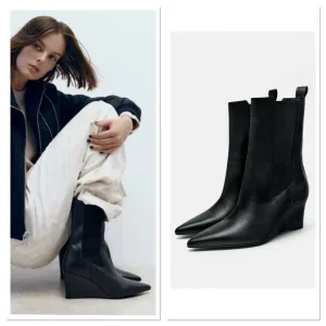 Zara Leather Pointed Toe Wedge Ankle Boots Black Sz:61/2