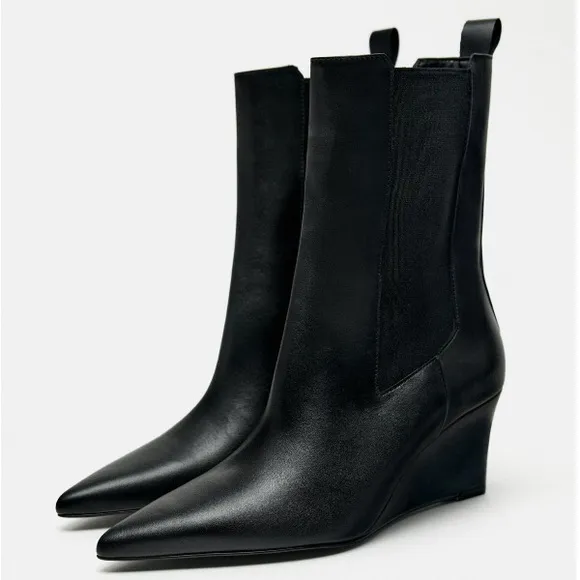 Zara Leather Pointed Toe Wedge Ankle Boots Black Sz:61/2