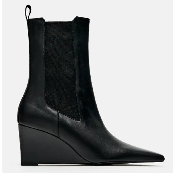 Zara Leather Pointed Toe Wedge Ankle Boots Black Sz:61/2