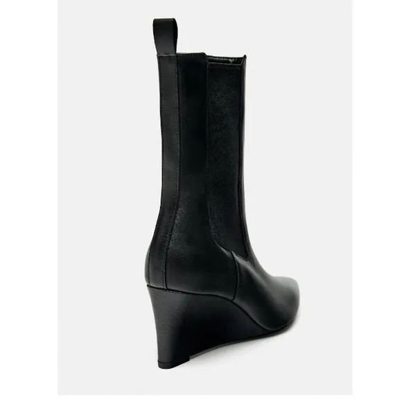 Zara Leather Pointed Toe Wedge Ankle Boots Black Sz:61/2