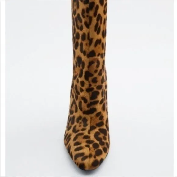 Zara NEW leather heeled animal print ankle boots