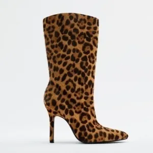 Zara NEW leather heeled animal print ankle boots