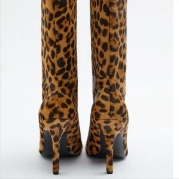 Zara NEW leather heeled animal print ankle boots