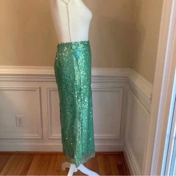 ZARA Sea Green Sequin Lace Pencil Midi Skirt