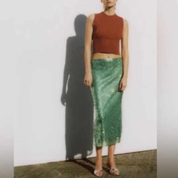 ZARA Sea Green Sequin Lace Pencil Midi Skirt