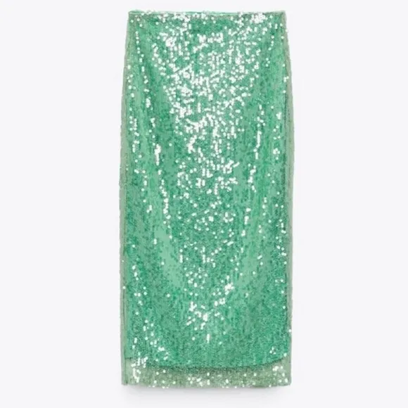 ZARA Sea Green Sequin Lace Pencil Midi Skirt