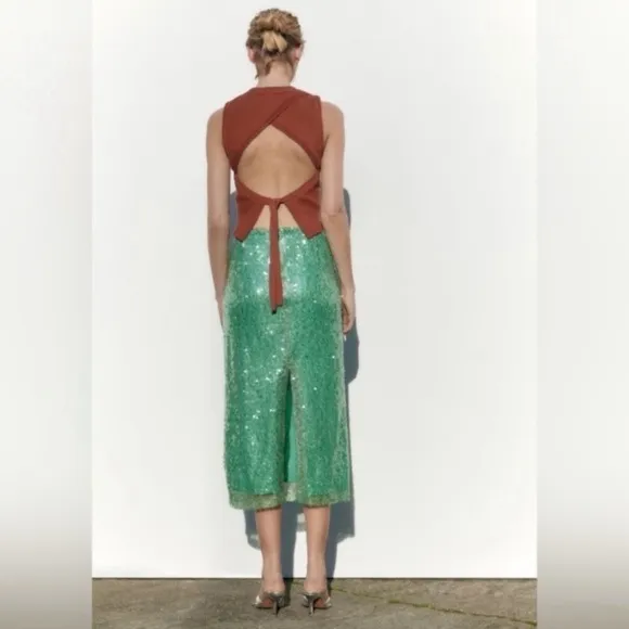 ZARA Sea Green Sequin Lace Pencil Midi Skirt